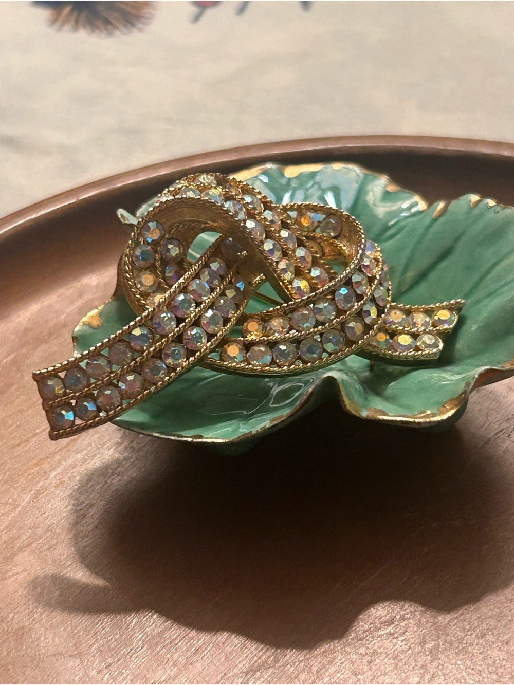 Lisner Gold Ribbon Crystal Brooch with Aurora-Hued Stones - Women Jewelry